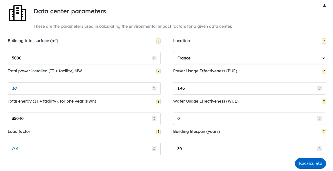 Screenshot des paramètres d’entrée de DCFootprint